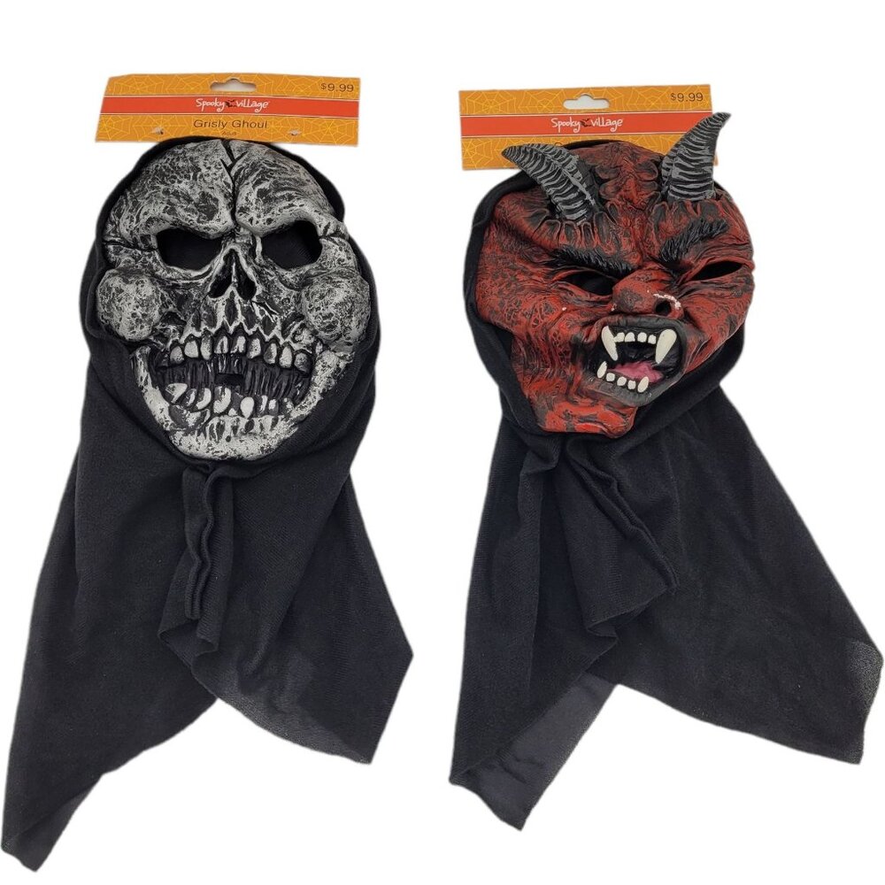 Black Hooded Skeleton and Devil Scary Mask Halloween Prop Static Costume